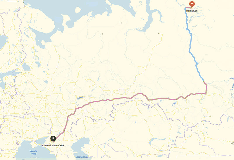 6670 километров составляет расстояние по автодороге между городом  Норильском и станицей Ильинской